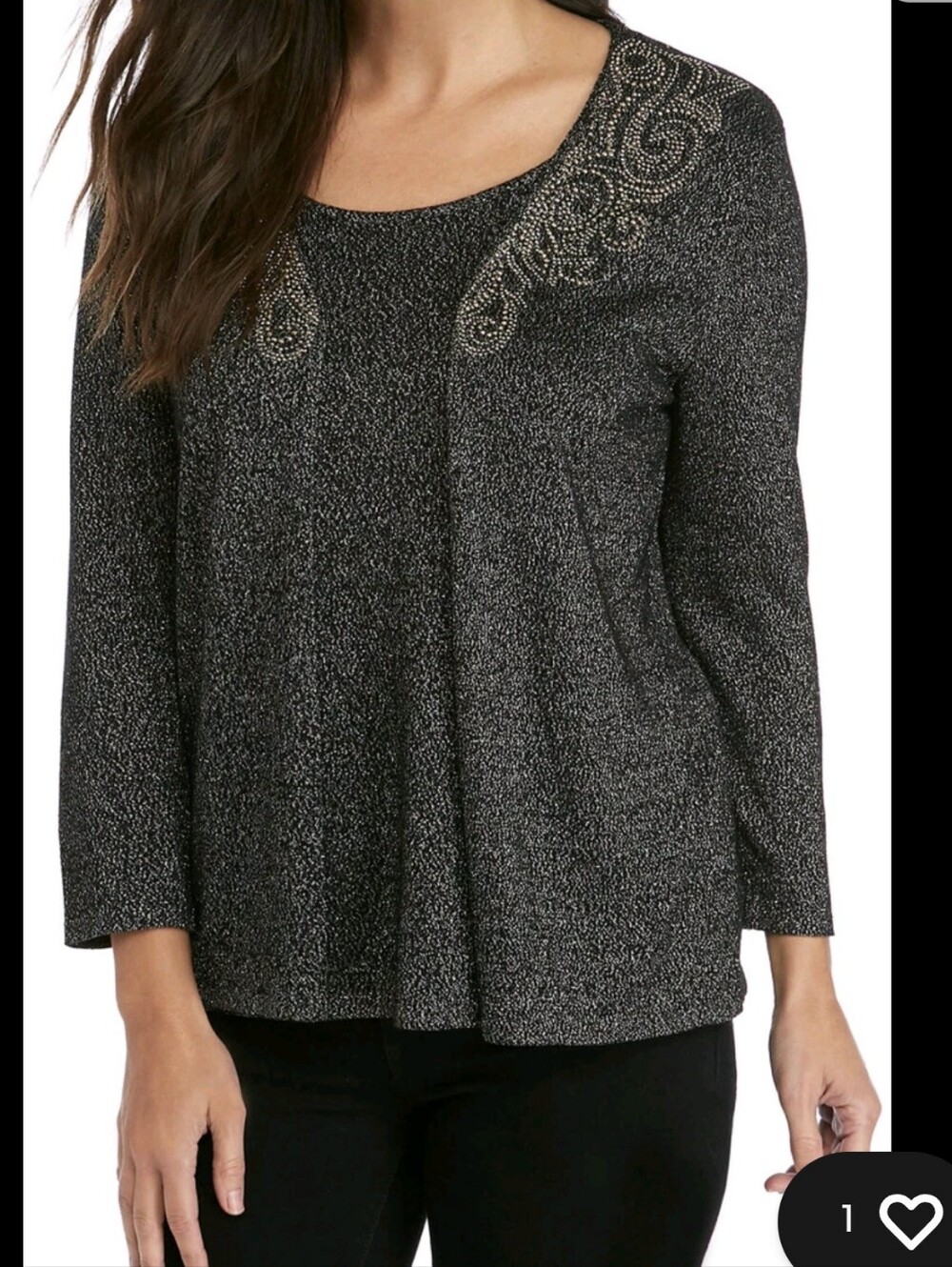 Ruby Rd. Metallic Black Scoop Neck Long Sleeve Top with Embellished Shoulders
